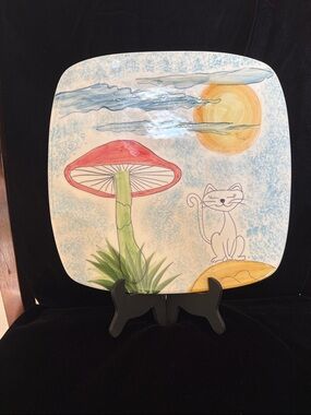 SECLA of Portugal Vintage Hand-Painted Decorative Plate with Red Mushroom & Cat